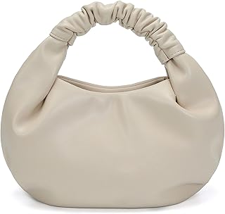 Pettata Chic Top Handle Bag for Women Small Ruched Hobo Handbag Beige Soft Faux Leather Tote Bags Purse