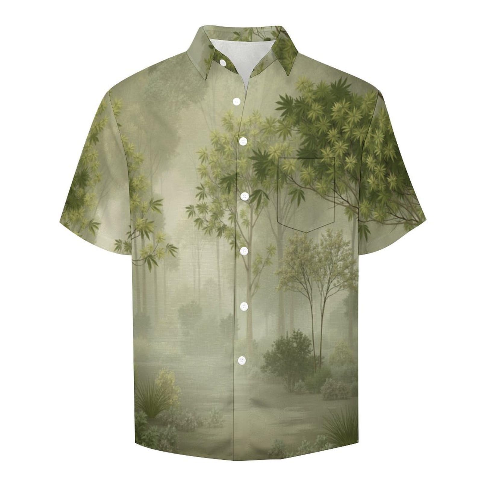 Camicia da Uomo Button Down con Stampa Arte Paesaggistica, Foresta Nebbiosa Camicia Hawaiana Casual a Maniche Corte Camicie da Spiaggia Camicie da Vacanza