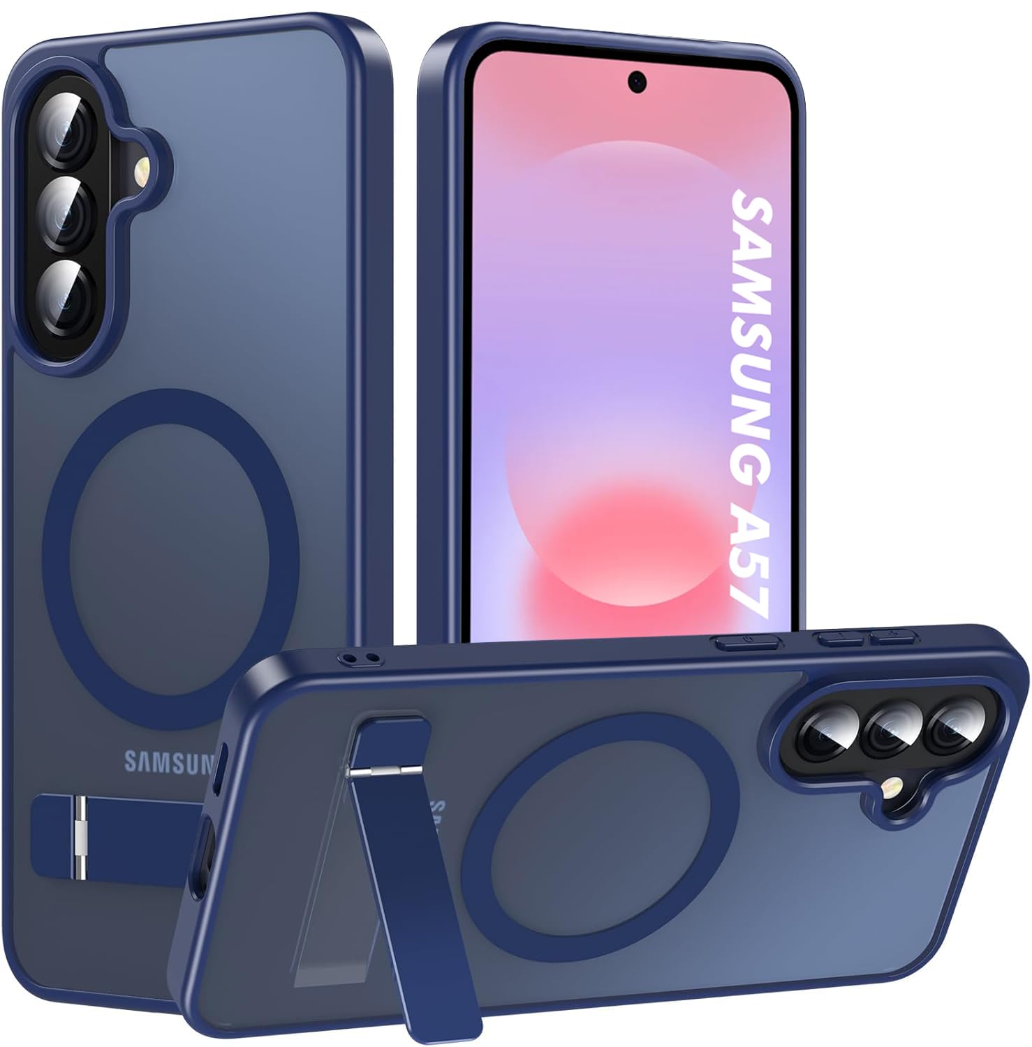 Elzzi MagSafe Compatible Case for Samsung A57 Translucent Matte Bottom Kickstand Shockproof Slim Anti-Fingerprint Magnetic Hybrid Protective Cover (Navy)-image-5