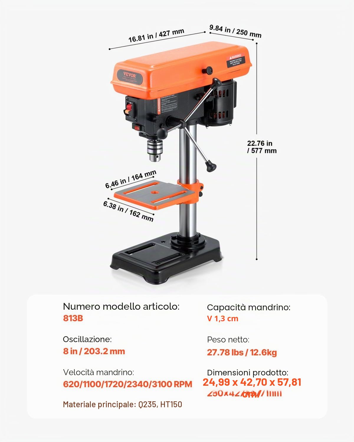 VEVOR Trapano a Colonna da Banco 203,2 mm, Motore a Induzione, 500 W, Velocità Regolabile 550/950/1450/1950/2500 giri/min, Tavolo da Lavoro Inclinabile 0-45°, Luce LED Trapano per Legno Metallo