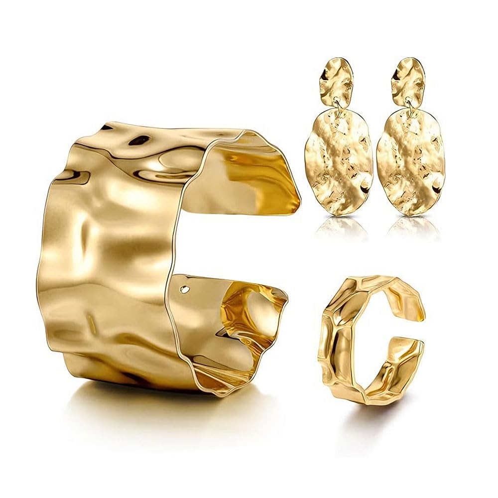 Joyas Mujer 3 Piezas Brazalete Anillo y Pendientes Ovalados Textura Metálica Irregular 18K Chapado para Uso Diario y Eventos (Dorado)