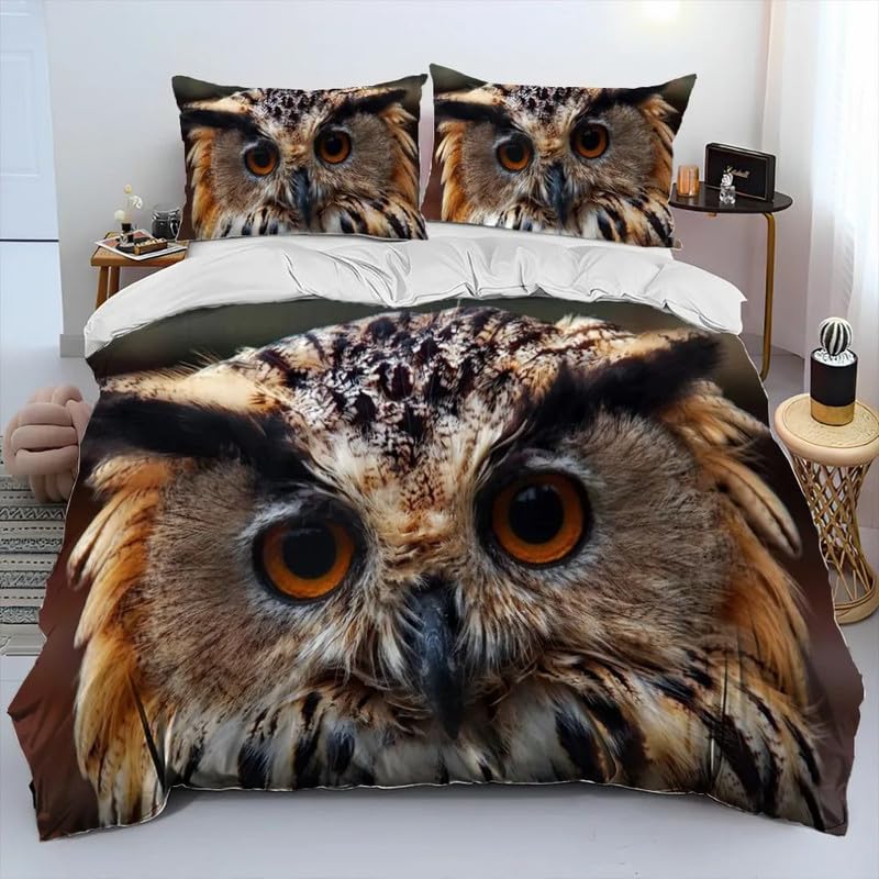 Housse de Couette 220x240 Chat-Huant avec 2 Taies 65x65 en Microfibre 110g