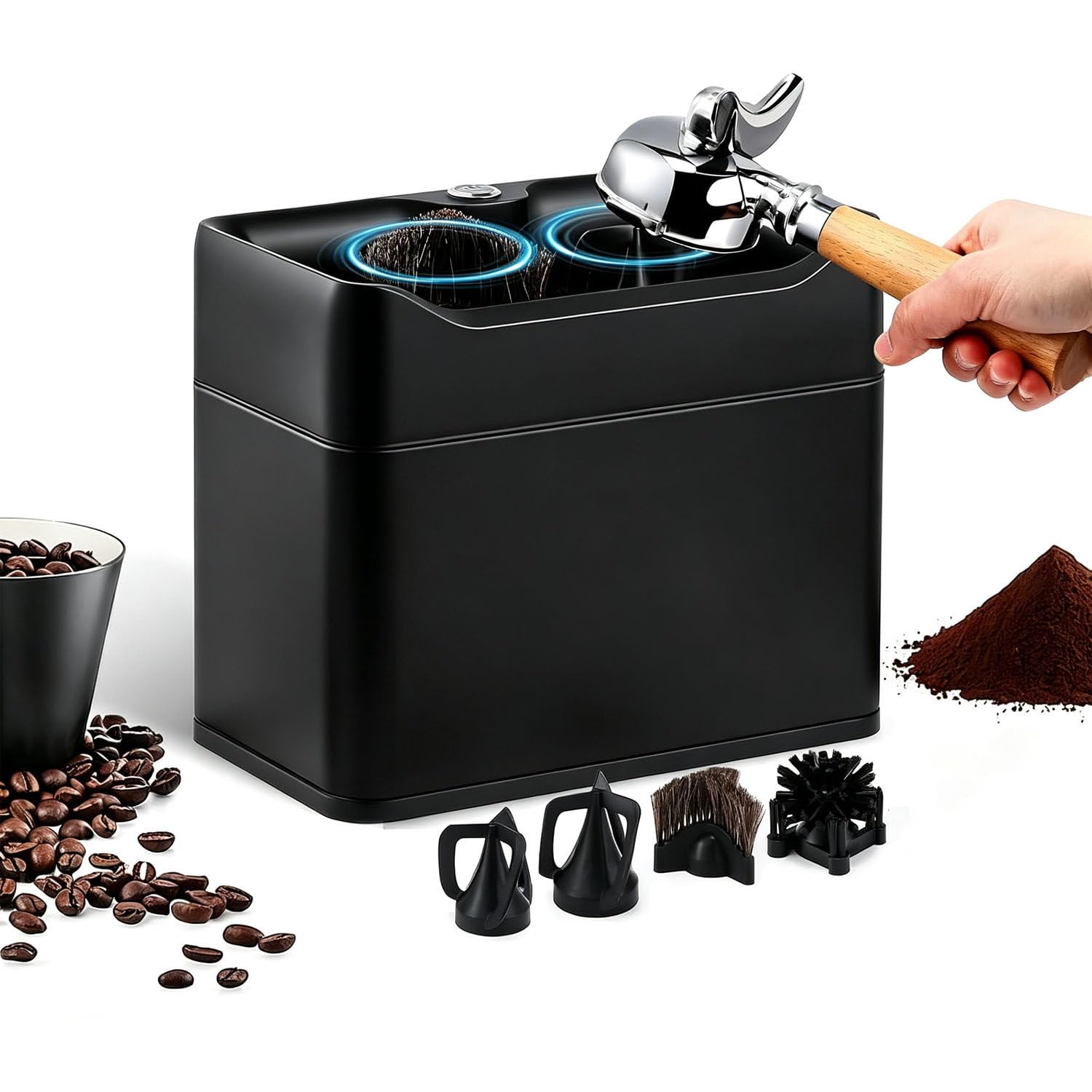 UORDBY Automatic Portafilter Cleaner with Dual Brushes for 58mm Espresso Handles Black