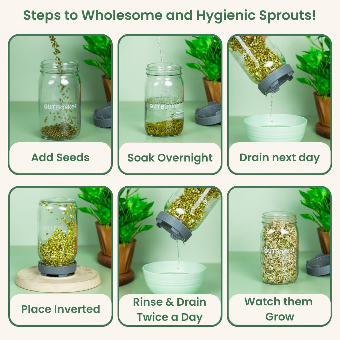 Gutbasket Sprouting Kit | Includes 2 Glass Sprout Jars (700 ml Each) with Sprouting Lids + Organic Seed Mix | Sprout Maker for Moong, Methi, Chana, Alfalfa, Radish | Sprout Jar with Guide — Amazon image 4
