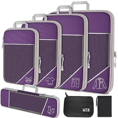 NiHome 7PCS Compression Packing Cube Set Expandable Mesh Travel Bag Luggage Organizers with Electronic Cable Cord Charger Organizer Drawstring Bag for Trip Home Storage Travel Gear Accessories - Main Image