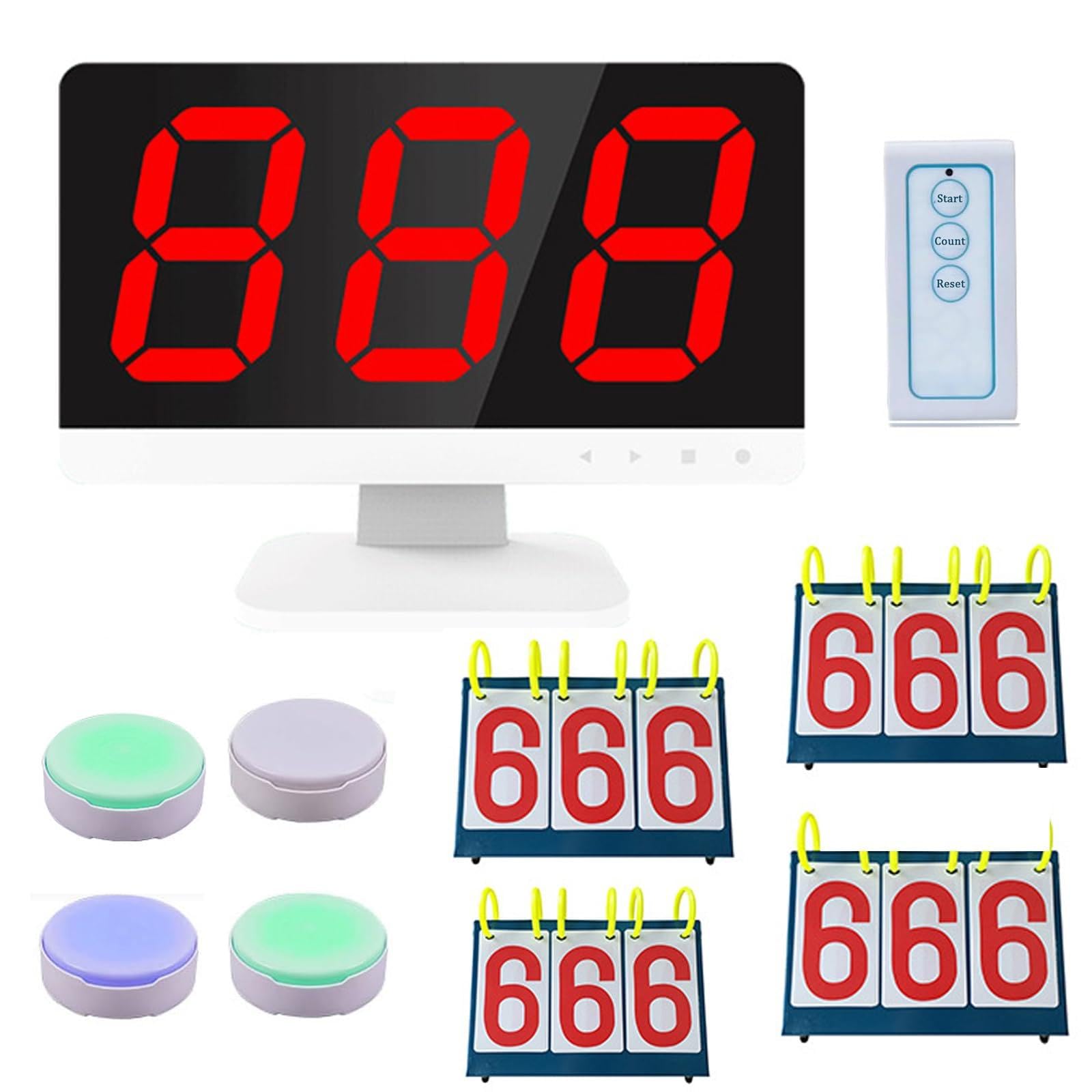 Sistema di gioco a quiz wireless con 4 stati di colore, 3 modalità di risposta, fino a 32 pulsanti, telecomando, spegnimento automatico, 6 tabelloni segnapunti e cicalini per spettacoli di giochi