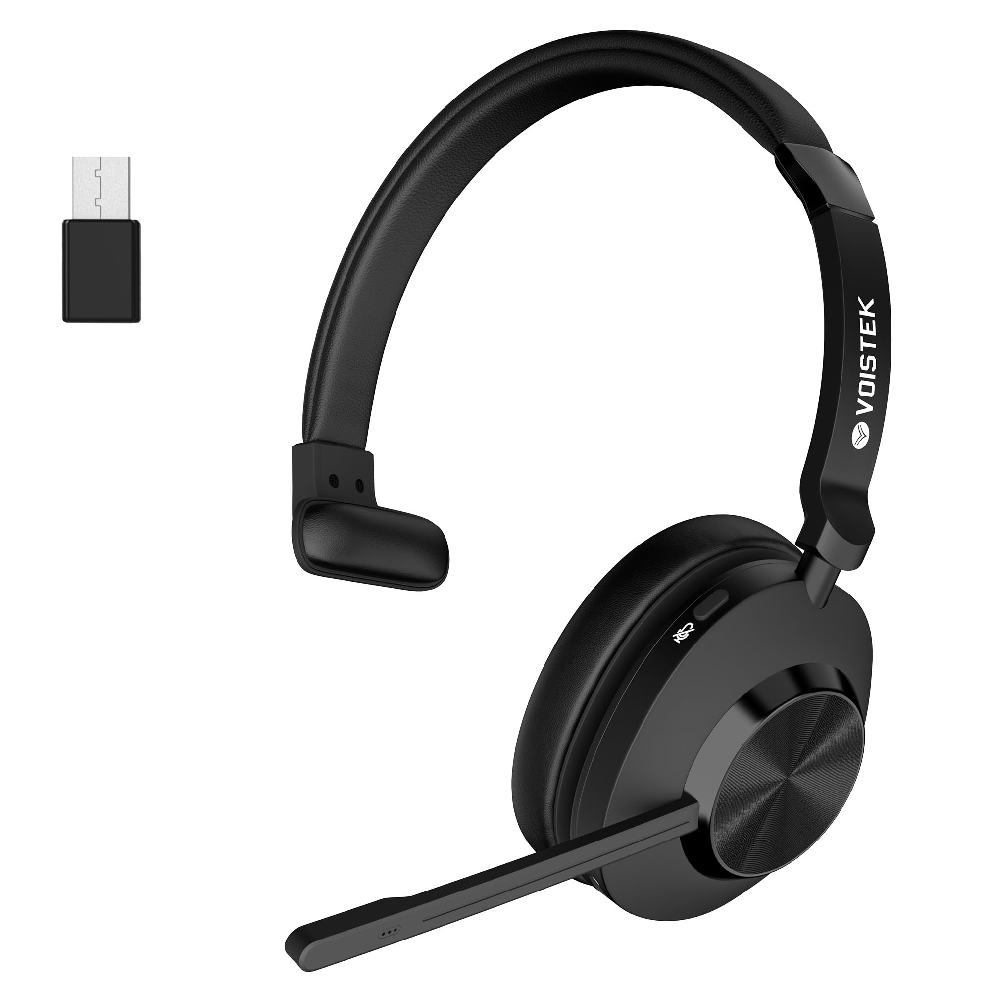Voistek Cuffie Bluetooth Wireless con Microfono e Cancellazione del Rumore, Dongle USB per PC, Pulsante Muto, Ideali per Ufficio, Meeting, Zoom, Call Center, Homeoffice, Computer(Nero senza base)