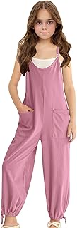 Traje de lluvia forrado sin mangas mono de verano para niñas, color sólido, mameluco casual con tirantes finos, piernas cónicas y bolsillos, cómodo juego de ropa de juego para niños pequeños y pelele