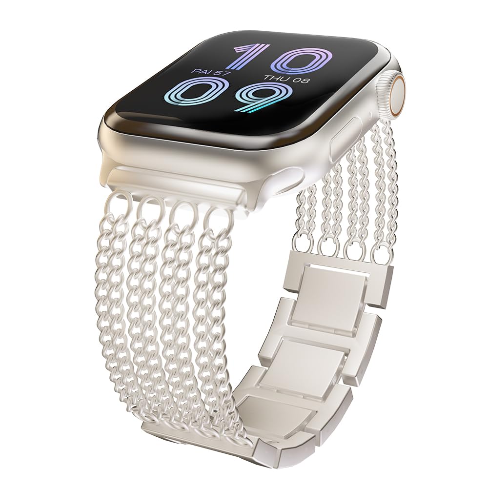 Compatible with Apple Watch Band 41/40/38/44/45/46/49/42mm Women Men, Adjustable Stainless Steel Metal Chain Strap Tassel Metal Link Bracelet