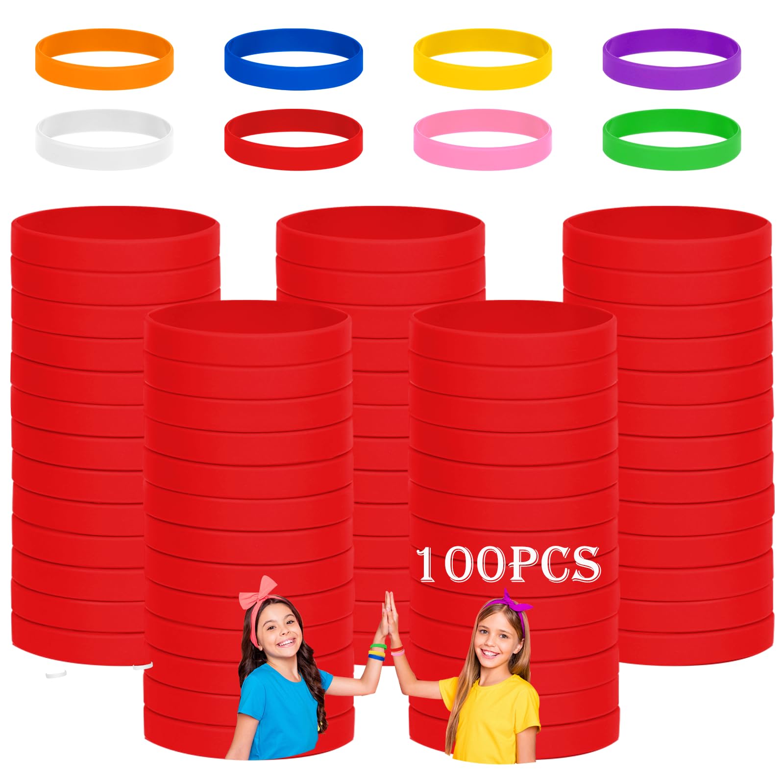 HONTIUS Silicone Bracelet, Pack of 100 Silicone Bracelets, Silicone Wristband, Empty Rubber Bracelets for School, Teachers, Team, Party, Men and Women (Red, 7-180 cm for 8~12 Years)
