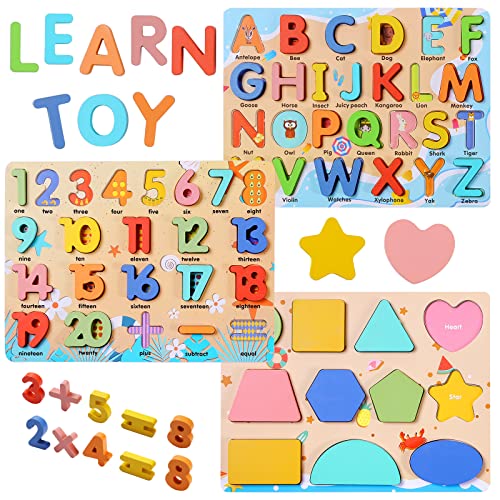 Image of Wooden Puzzles for Toddlers, Voamuw Alphabet Number Shape Learning Education Preschool Toys for Kids Ages 3-6 Years Old (Set of 3)