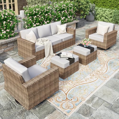 HERA'S HOUSE Swivel Glide Patio Furniture Set with 4.92" Widened Armrest Chairs, Outdoor Conversation Set, 5 Pieces Deep Seating Yellow Rattan Sofa with 5.5" Gray Cushions for Deck Garden Yard