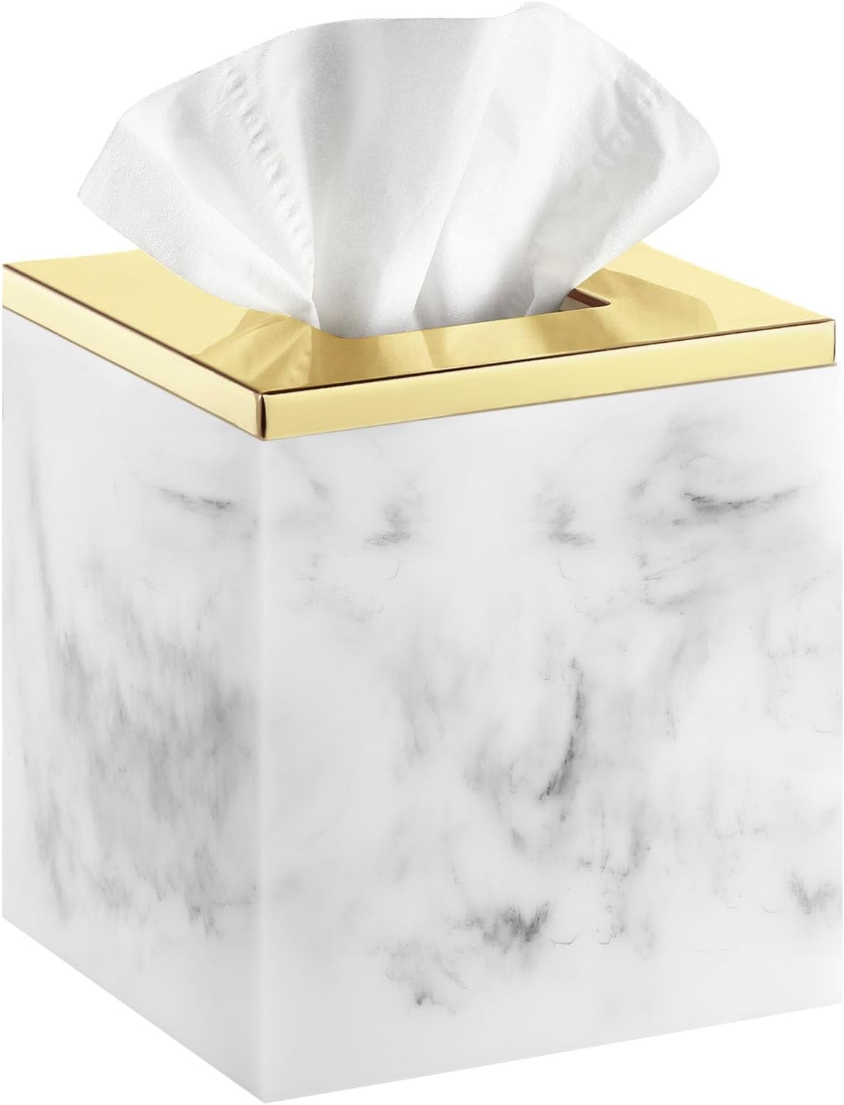 Luxspire Marble Tissue Box Cover, Square Tissue Box Holder with Golden Lid, Resin Modern Tissue Holder, Napkin Dispenser for Bathroom Vanity Countertop, Night Stands, Marble White + Gold