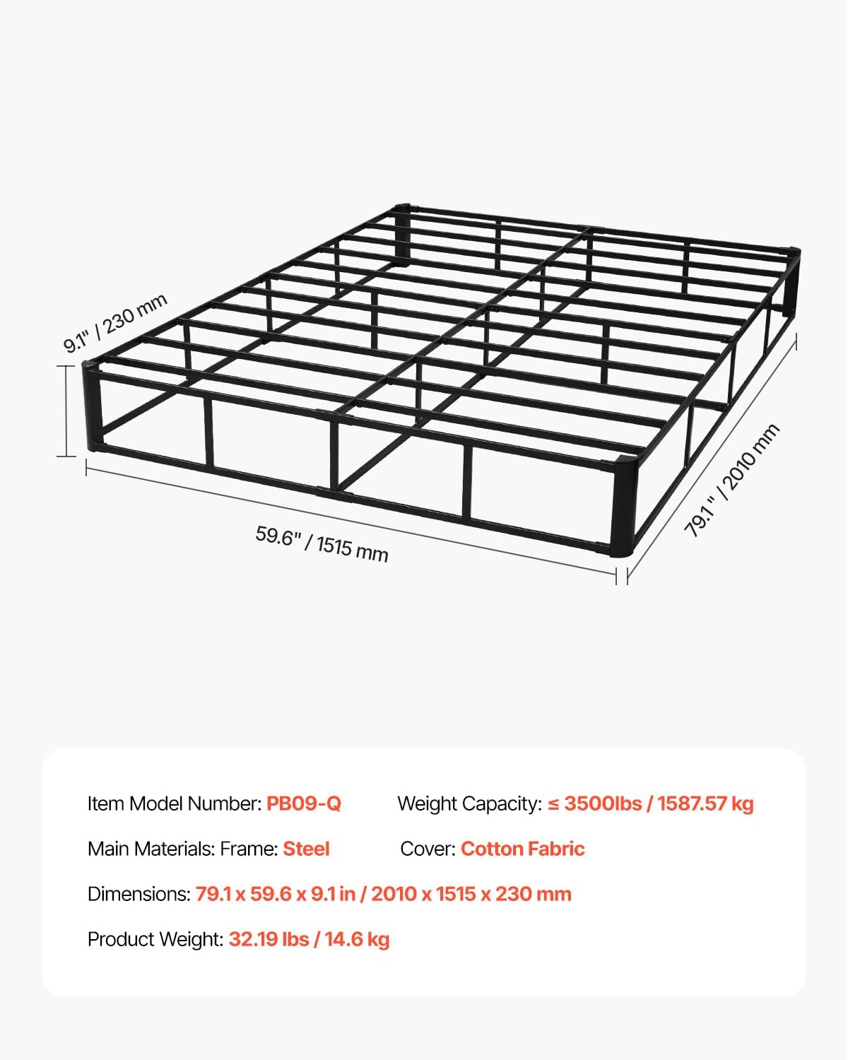 VEVOR Box Spring, Queen Size Bed Frame with Washable Fabric Cloth, Heavy Duty Metal Frame for Queen Bed, 9 in Mattress Foundation, 3500 lbs Max Weight Capacity, Easy Assembly, 79.1L x 59.6W x 9.1H in