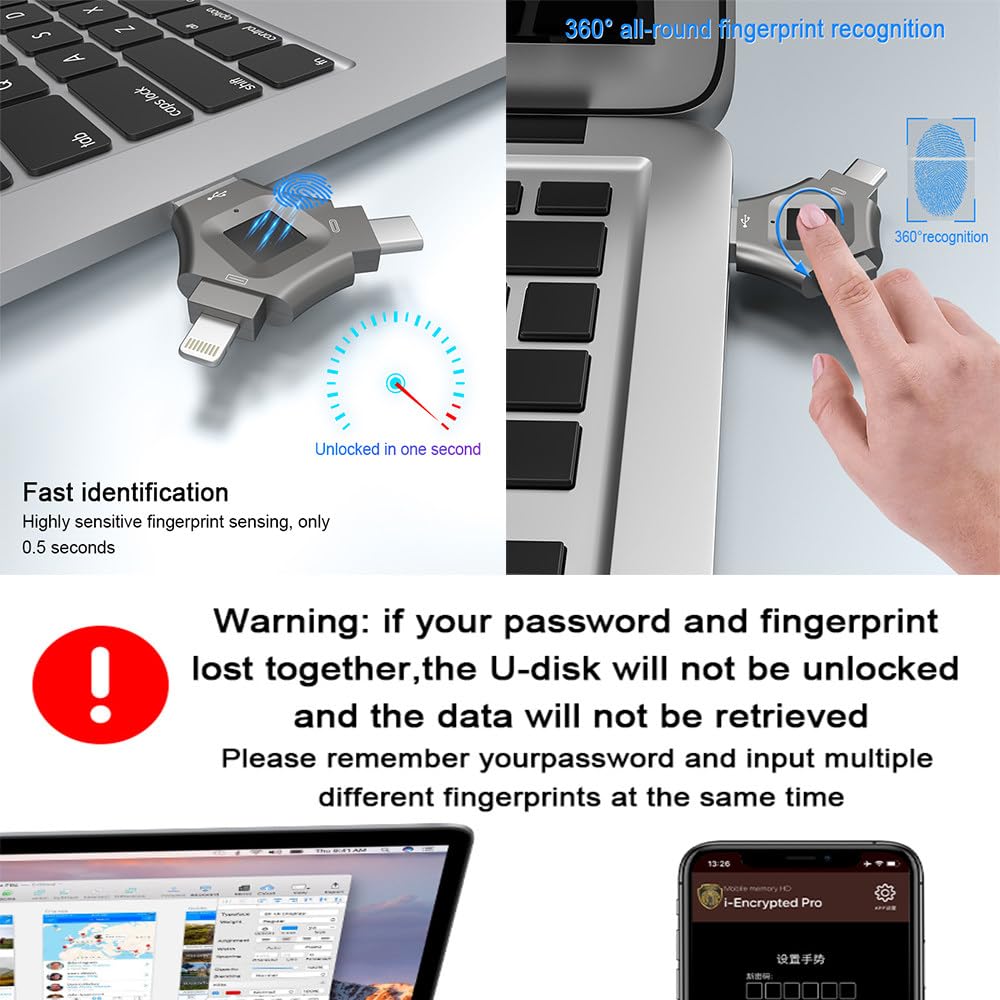 Unità flash USB con sblocco delle impronte digitali, protezione sicura con password disco USB 3 in 1, archiviazione crittografata per Android/cellulare/PC (6 x 6 x 0,6 cm), grigio + 64 g