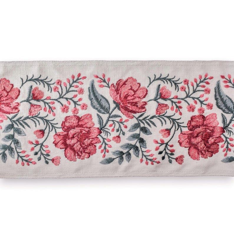 Fabric Mart Direct Ivory & Fuchsia Pink Floral Peony Vine Haftowana ozdobna wstążka z tkaniny na metry, botaniczna taśma obramowująca zasłony, koronka tapicerska na obrus, 5,50 cala (139 mm)