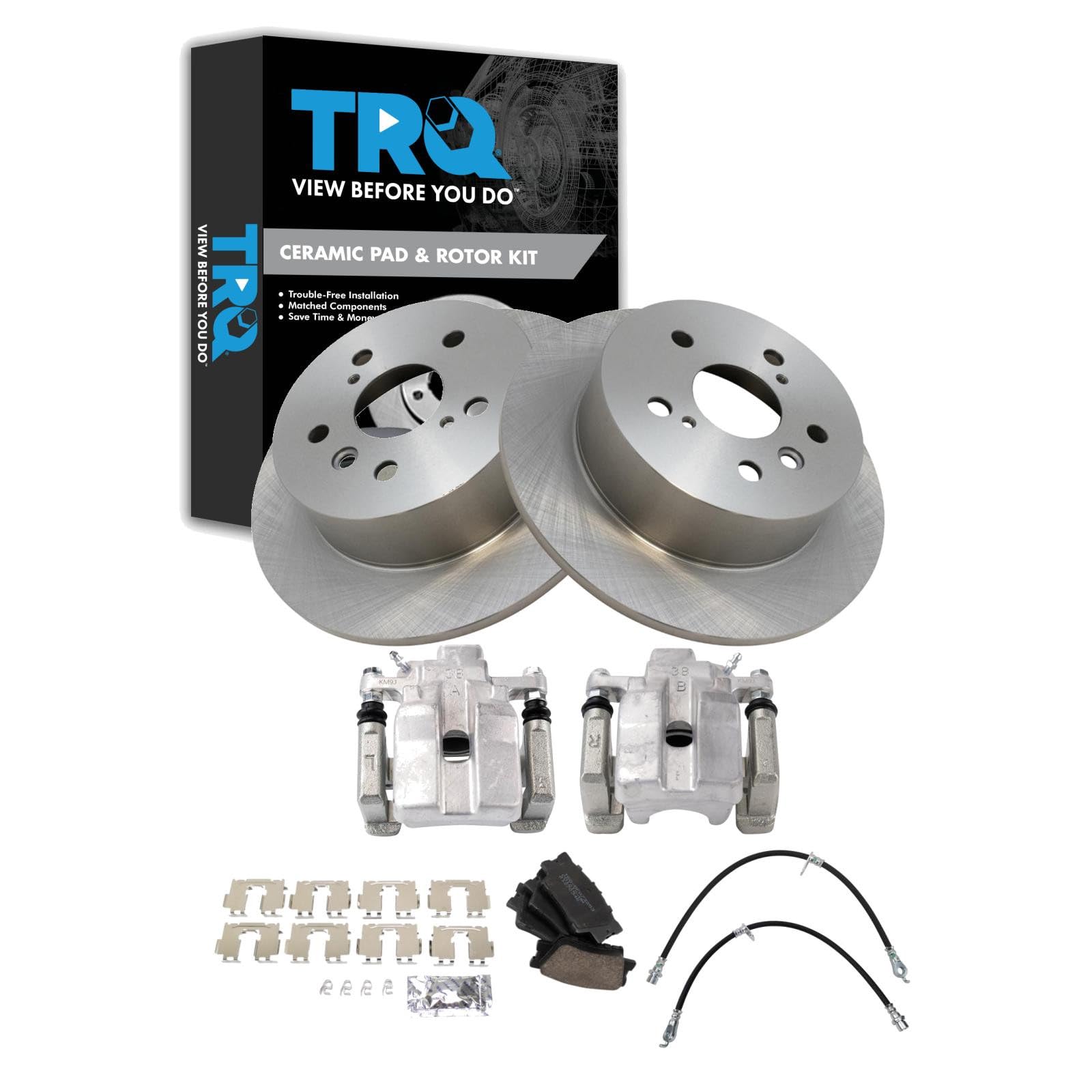 TRQ Rear Brake Pad and Rotor Set Ceramic Rotors Calipers Compatible with 2013-2015 Toyota Avalon 2012-2017 Camry