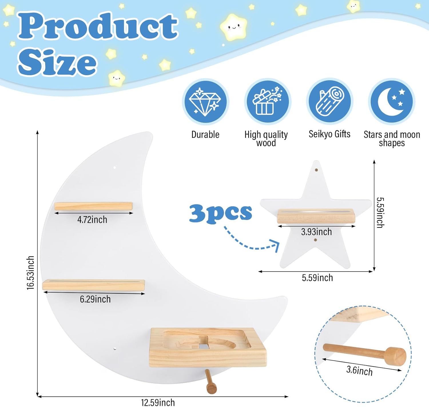 Moon + Stars for Toniebox 1/2 Tonies Figures Organizer Storage Shelf Wall Mounted, Magnetic Floating Shelves for Toniebox Player, Characters, Earphones, Display Collection 20~30 Characters (White)