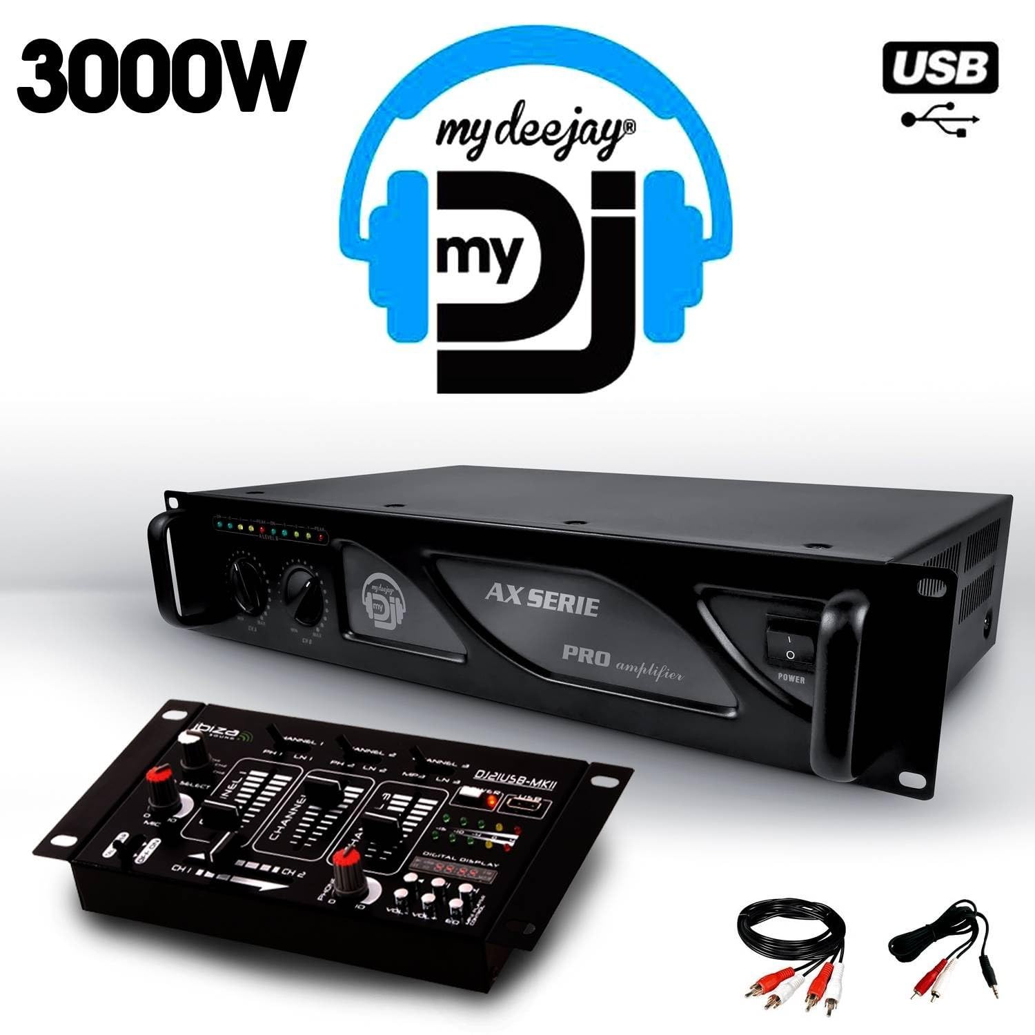 Set DJ audio BM Bmsonic PA Altoparlanti 2 x 15"/38 cm 4000 W bassreflex + amplificatore 3000 W con mixer Ibiza + cavi