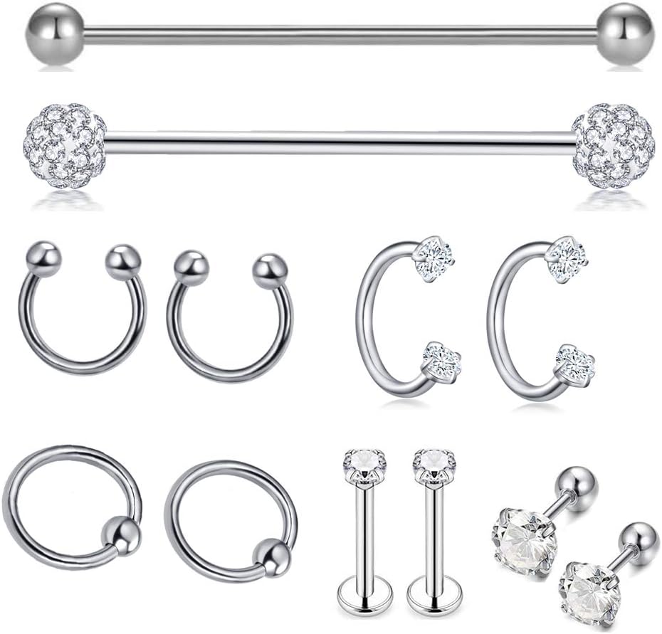 TIANCI FBYJS 9-16pcs 14G Industrial Piercing Stainless Steel Industrial Earrings Barbell with Chain Dangle for Women Men Cartilage Stud Industrial Piercing Jewelry 1 1/2 Inch 38mm