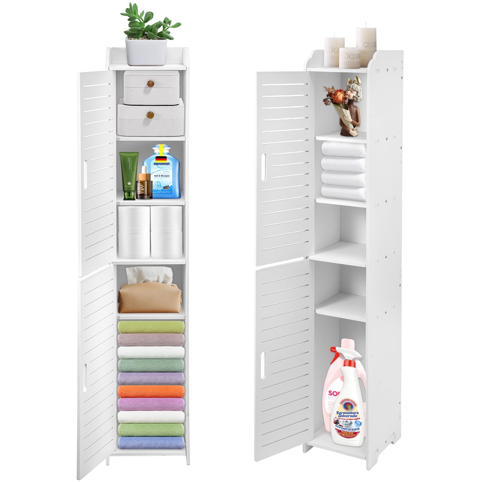 Slim Tall Bathroom Storage Cabinet, Free Standing Organizer with Doors, Floor Display Cabinet for Home Storage in Bathroom, Living Room, Kitchen or Entryway, White