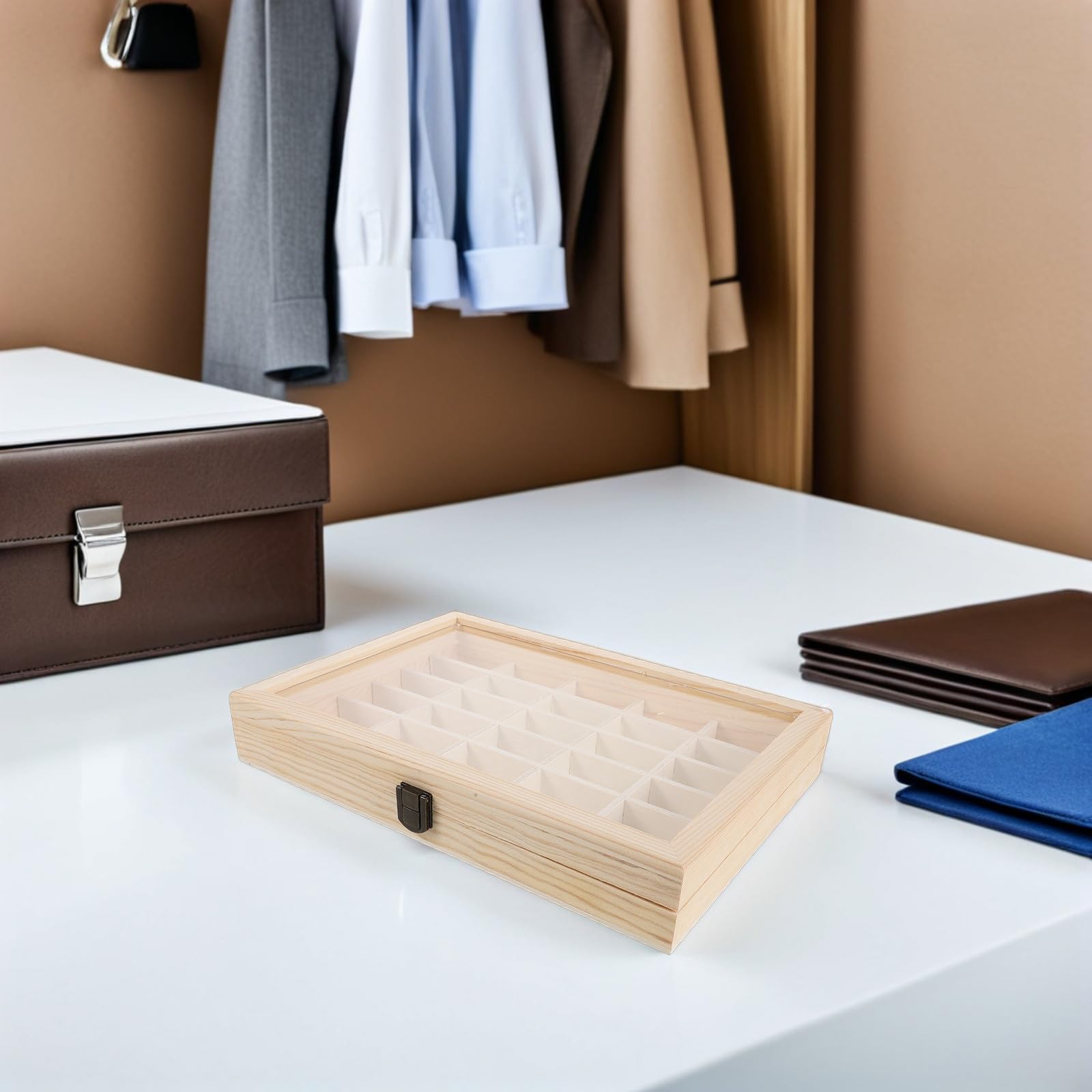Housoutil Caja de Madera con 48 Compartimentos y Tapa para Muestras