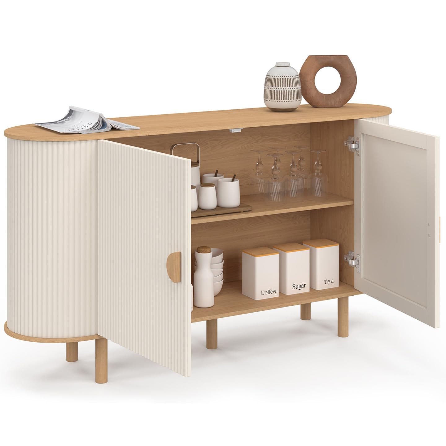 IDMarket - Buffet 140 cm KANEL 2 Portes Effet cannelé Beige et Bois