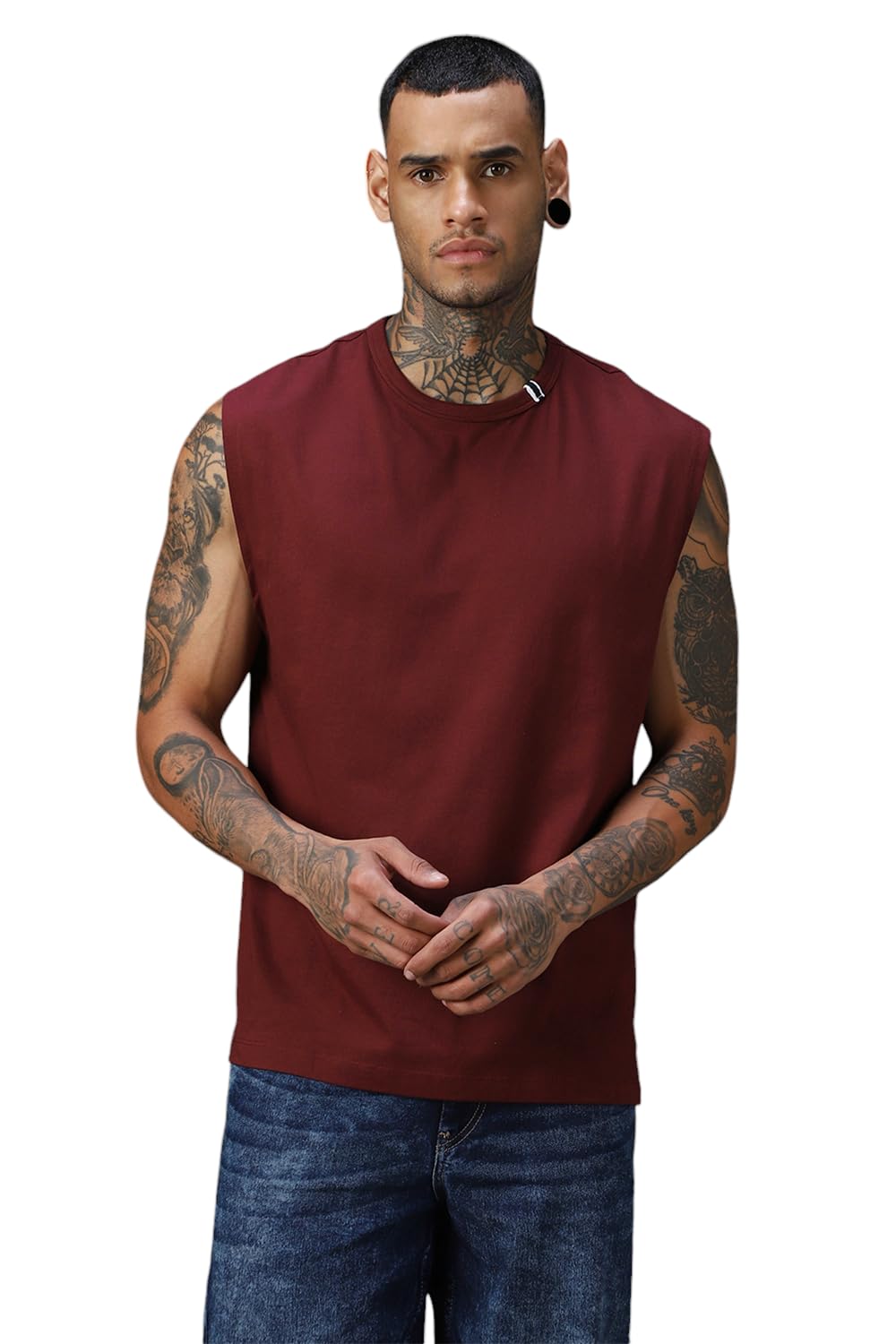 High Star Men Solid Cotton Relaxed Fit Round Neck Sleeveless T-Shirts-image-40