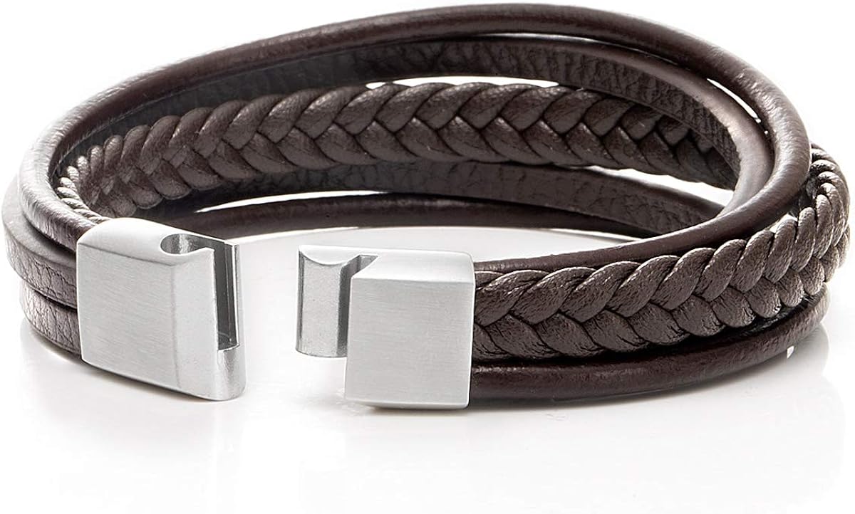 Touyony men's bracelet, classic leather woven bracelet, multiple weave, simple and subdued, magnetic clasp, brown/black: Clothing