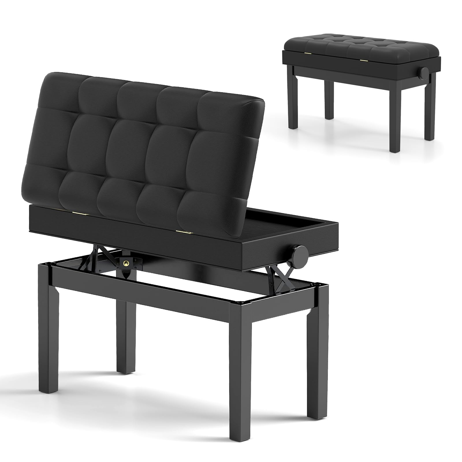 GIANTEX Klavierbank mit verstellbarer Höhe 48-58 cm, gepolsterte Klavierbank für 2 Personen, Hocker mit Stauraum und rutschfesten Füßen, Schwarz