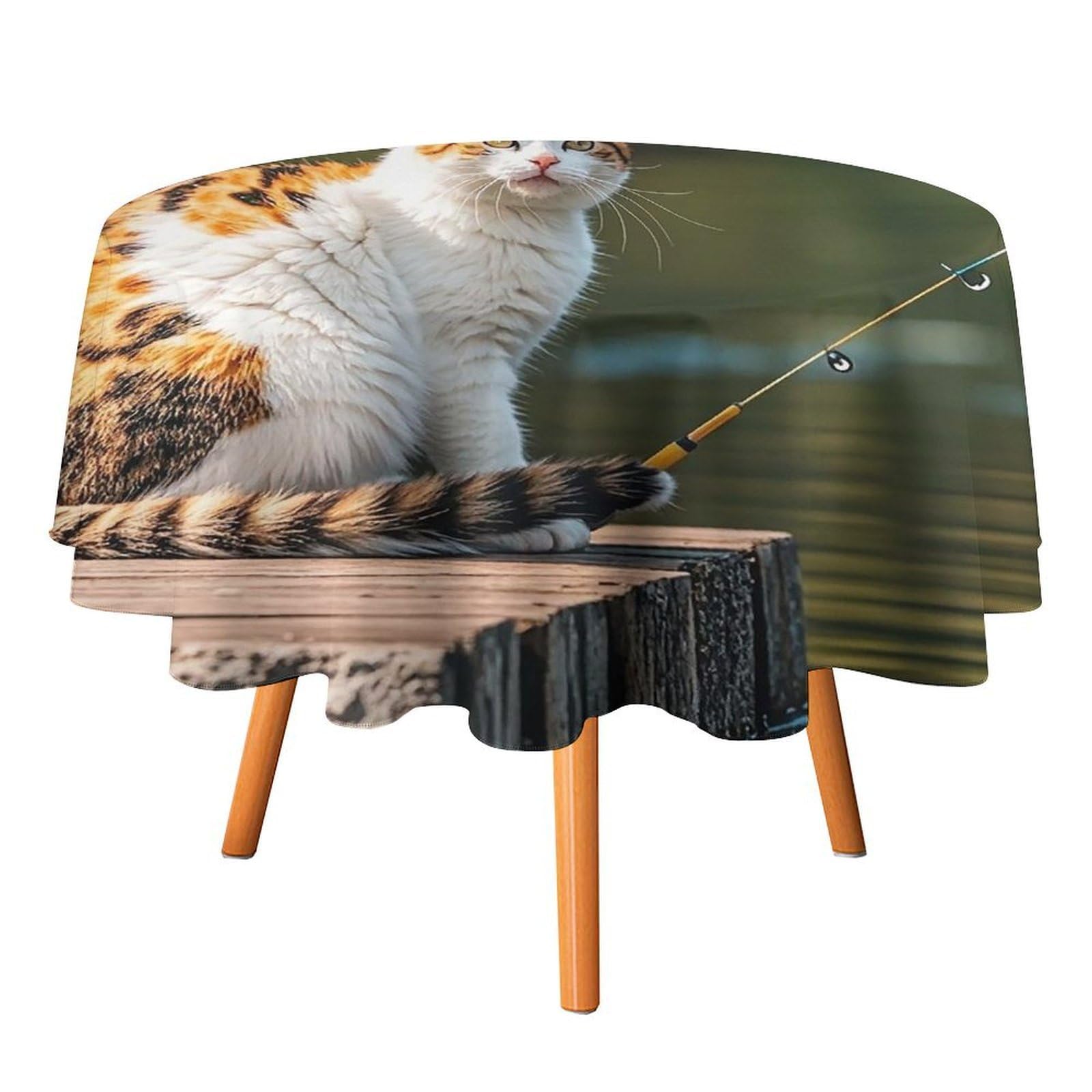 SMAZDFXX Fishing Cat Tablecloth for Restaurant, Round Polyester Table Cover 50x50in for Party