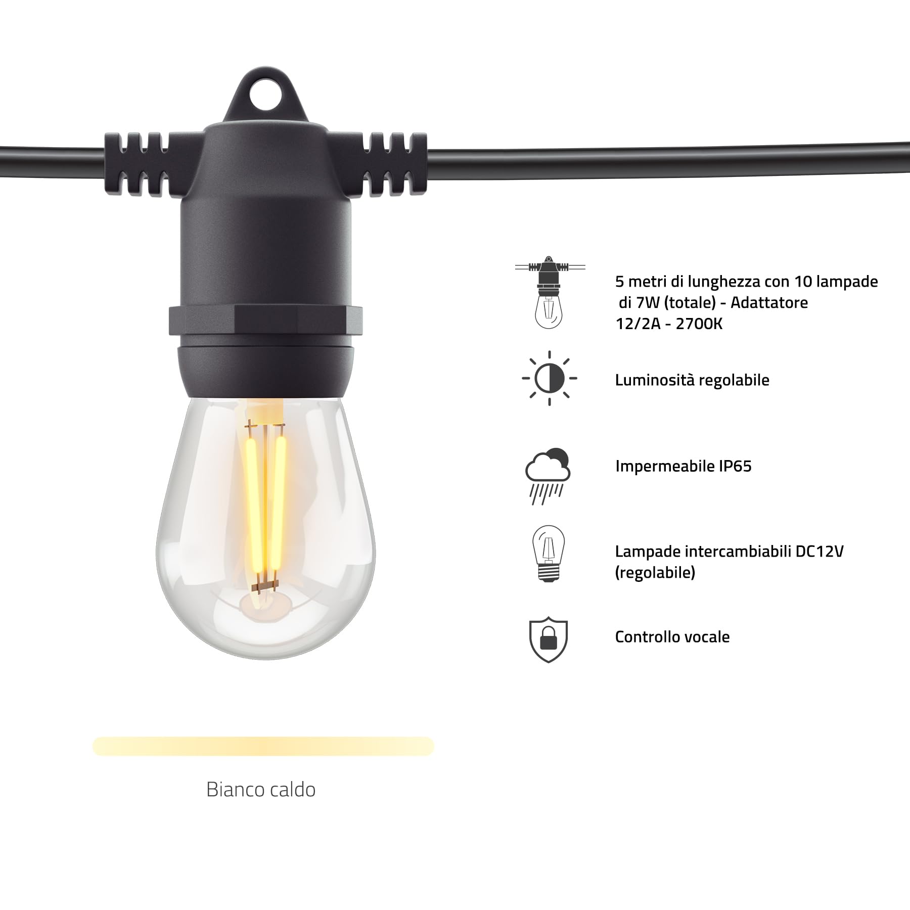 Hombli Estensione per Catena Luminosa da Esterno, Cavo da 5m | 10 Lampadine a Luce Calda per Giardino, Terrazze, Decorazione del Balcone e Matrimonio | Luminosità Regolabile | Impermeabile IP65