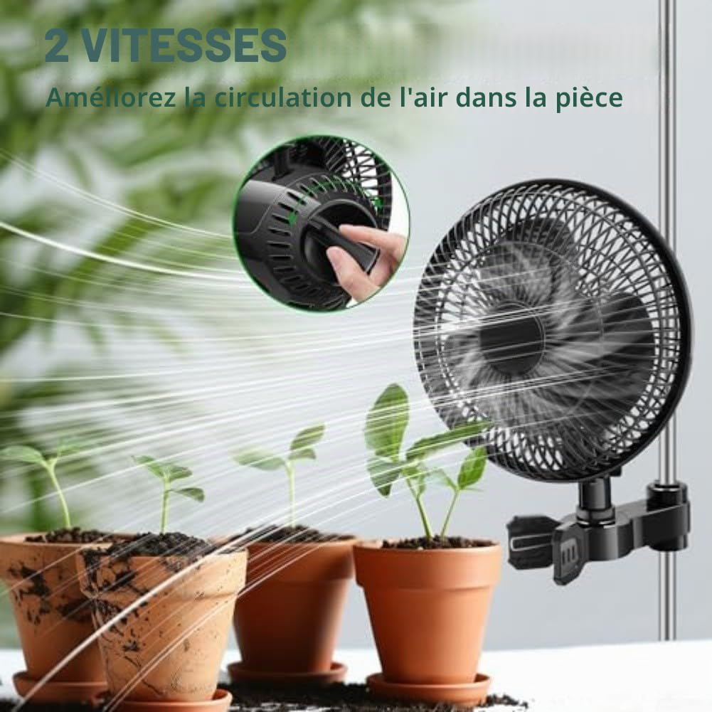 Ventilateur à clip oscillant réglable pour tente de culture - Rotation à 90° - Inclinaison à 120° - Montage facile sur poteau pour 1,5 à 2,5 cm - Construction silencieuse en ABS - 33 x 22 cm - Noir