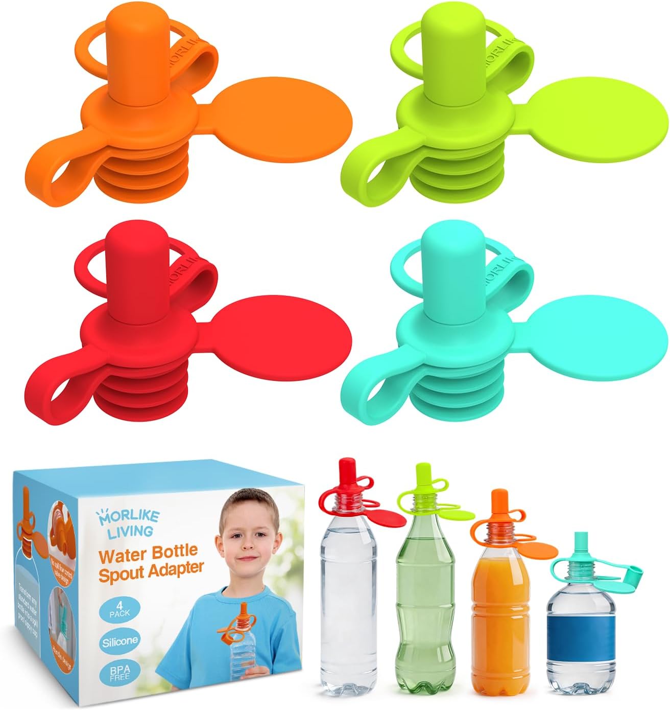 MORLIKE LIVING Baby Water Bottle Cap Silicone Bottles Top Spout Adapter Replacement for Toddlers Kids and Adults, Protects Kids Mouth - No Spill & BPA Free (Mix - 4 Pack)