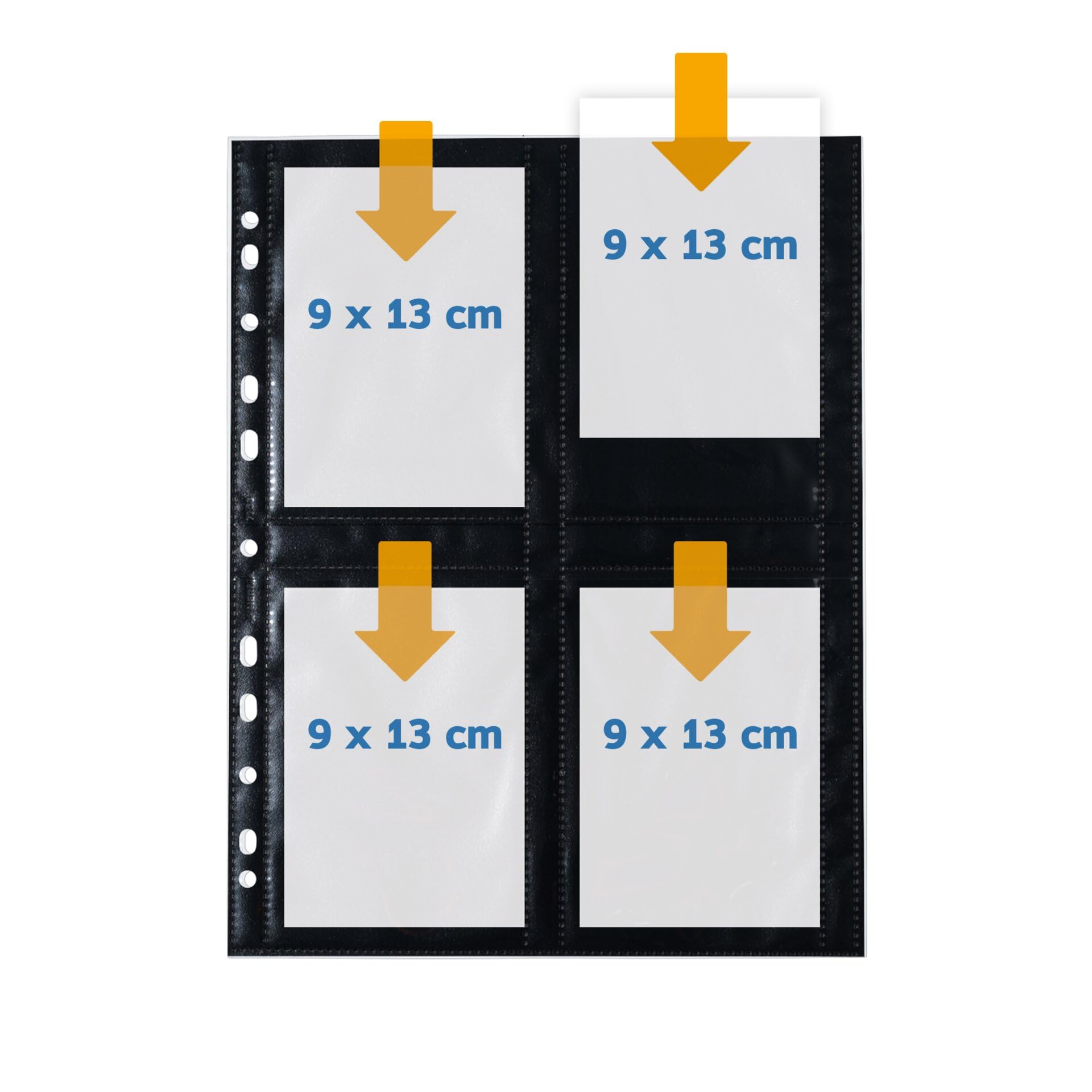 HERMA 7709 Fotohüllen für Ordner, 250 Stück, 9x13 cm, 4 Fächer geteilt, beidseitig bestückbare Fotophan Fotosichthüllen Sammelhüllen Postkartenhüllen Prospekthüllen mit Eurolochung, schwarz