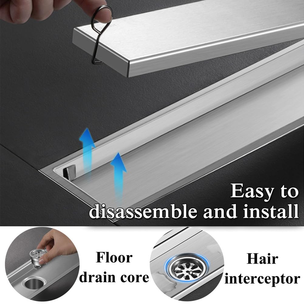 Rejilla Desague Ducha,Canaleta De Ducha Uso Positivo Y Negativo Suelo Porcelánico,Acero Inoxidable Desagüe De Suelo Invisible para Reforma Baño,Plata,10 * 60cm