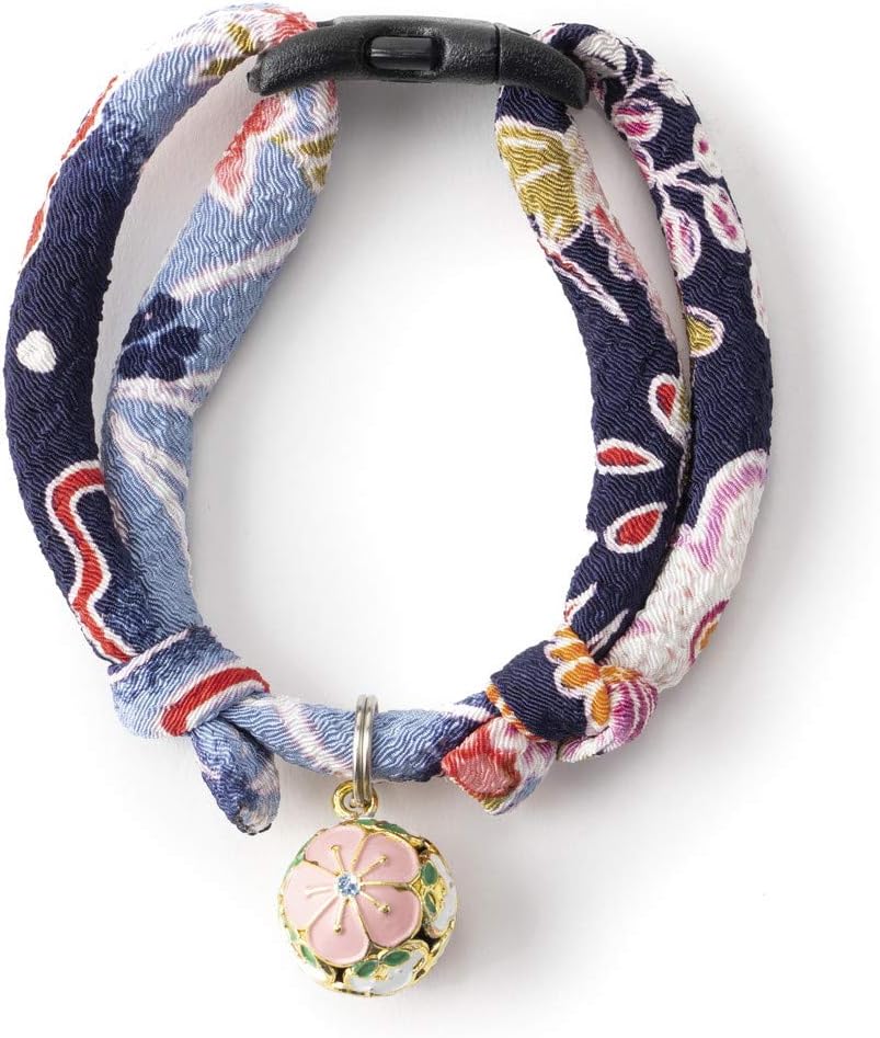 Chirimen Plum Blossom Cat Collar (Blue) with Bell Safety Breakaway Soft Lightweight for Cats Kitty Kitten Japanese Stylish Pattern, No.1 Seller in Japan