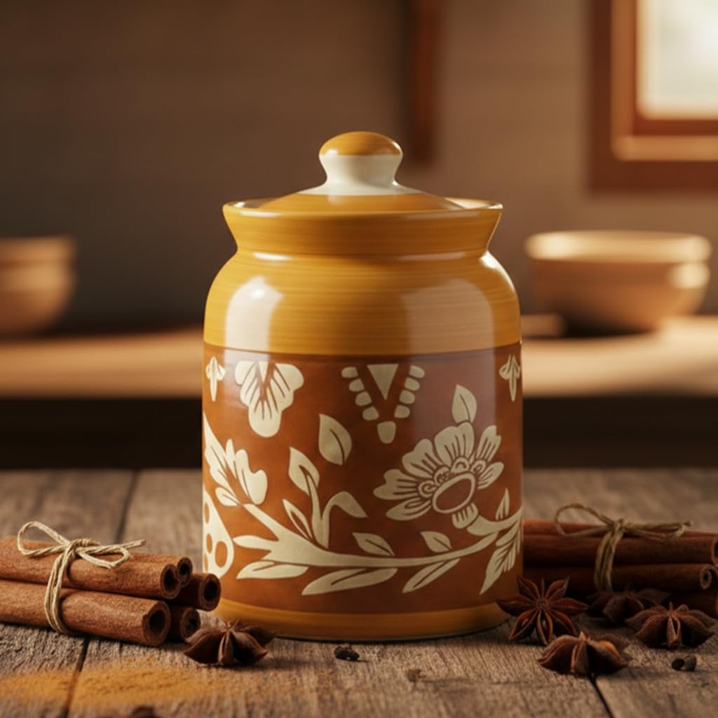 Handcrafted Ceramic Jar with Lid 1000 mL | Traditional HandPainted Kitchen Storage Container | Pickle, Spice, Sugar, Tea, Coffee Canister | Pottery Home & Gift (Set of 1) (Full Yellow &Red Bale)-image-16