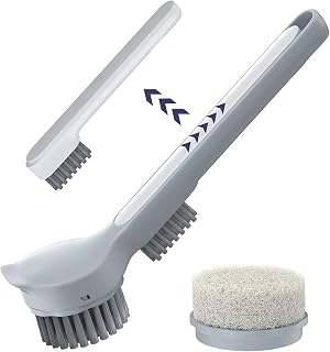 DIAOBO Dish Brush with Handle with Built-in Scraper, Cleaning Brush with Replacement Sponge Brush Heads, Kitchen Scrub Brush for Cleaning Pans, Pots, Sink (Grey)
