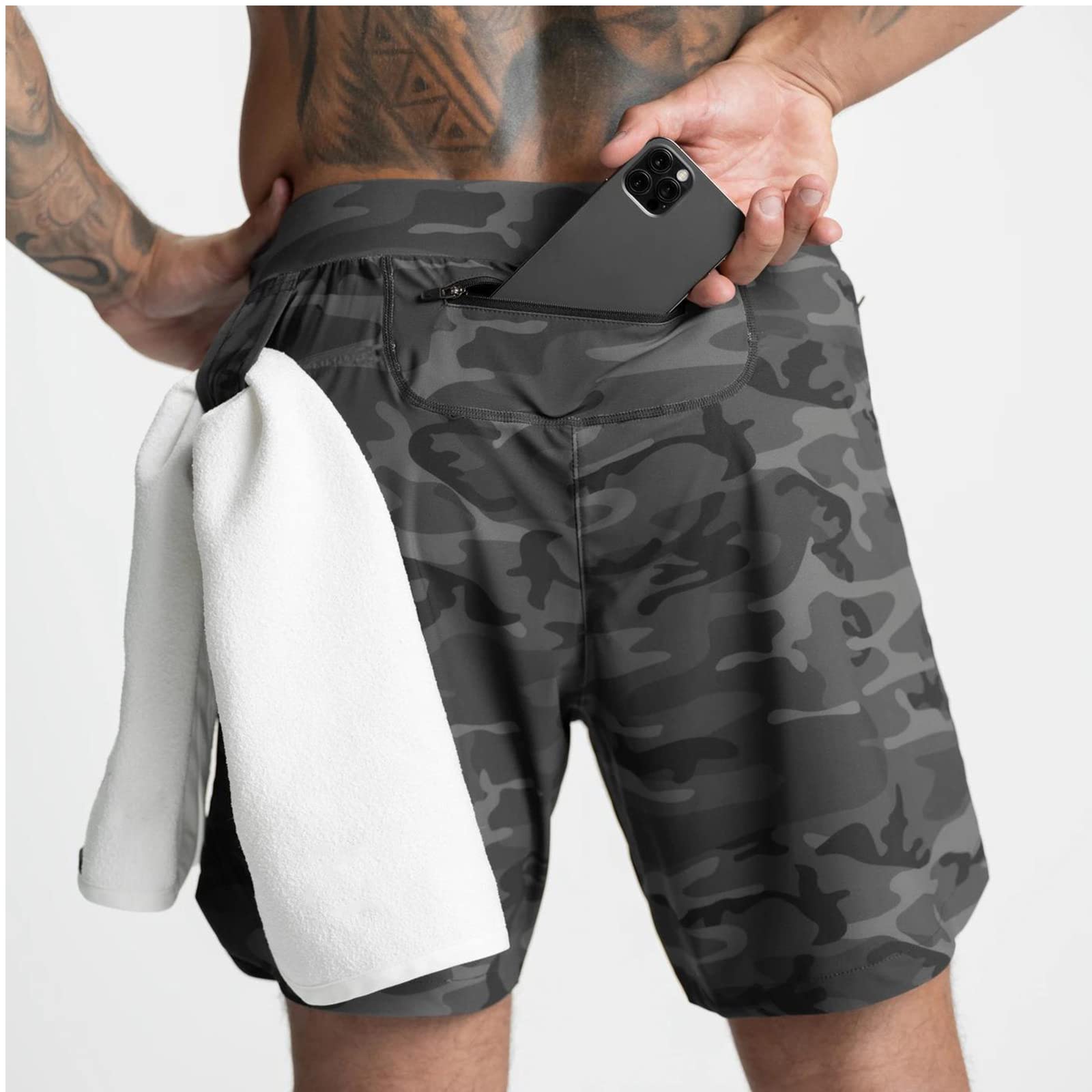 Herren Sport Shorts Kurze Hose Schnell Trocknend Sporthose Schnelltrocknende Laufshorts Gym Trainingsshorts Kurze Schnell Trocknend Reißverschlusstasche, Camouflage Grau