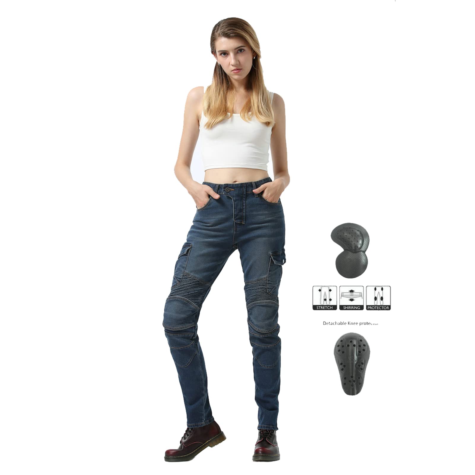 Donna Moto Biker Jeans, Pantaloni da Moto, Pantaloni Anticaduta Biker Motociclista Pantalone Moto Jeans Stretch con 2 Protezioni Ginocchia E 2 Protettori Anca