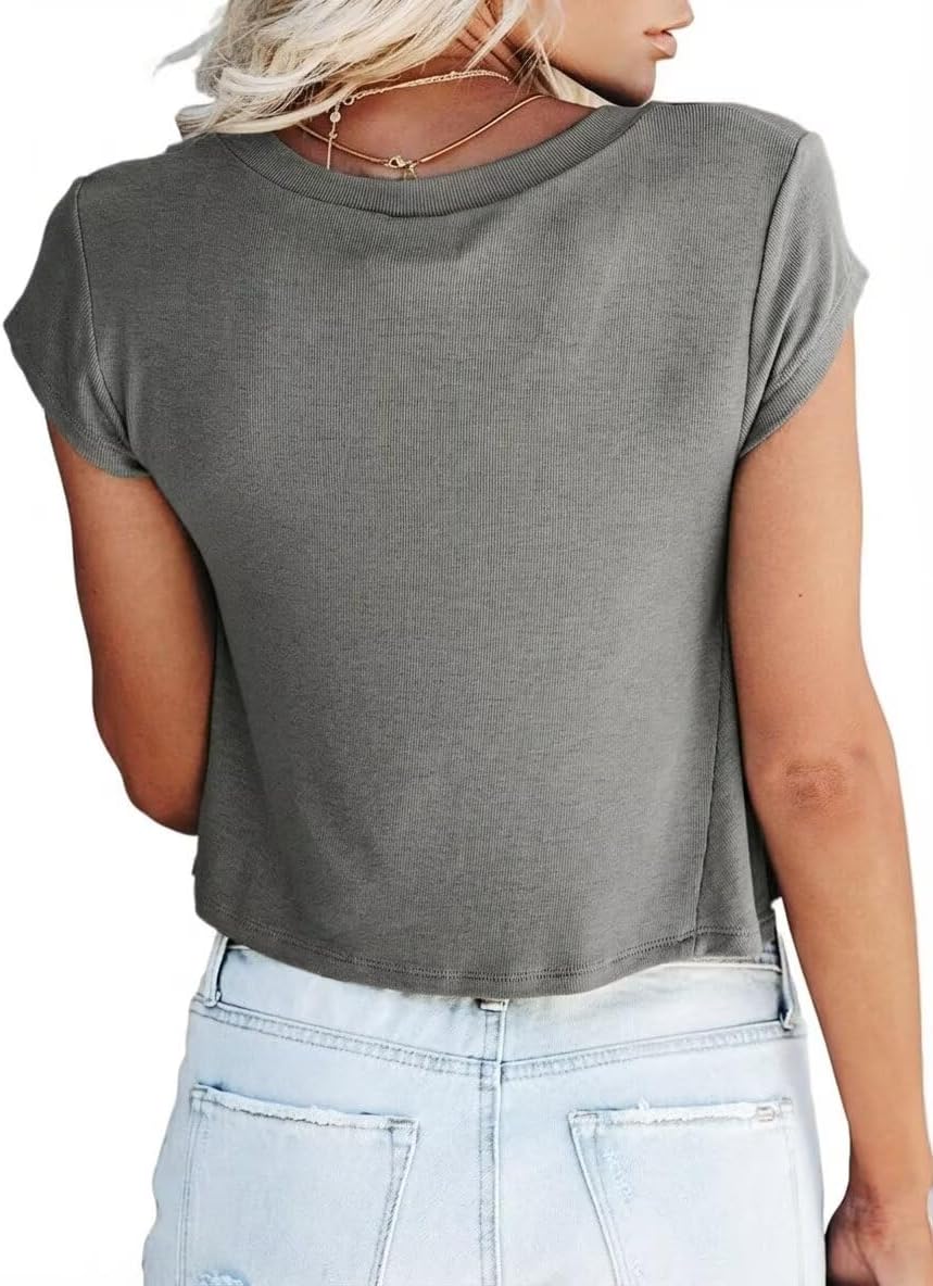 WMZCYXY Women V Neck Crop Tops Cap Sleeve Loose Fit Cropped T Shirts Casual Summer Solid Color Basic Tees - Image 3