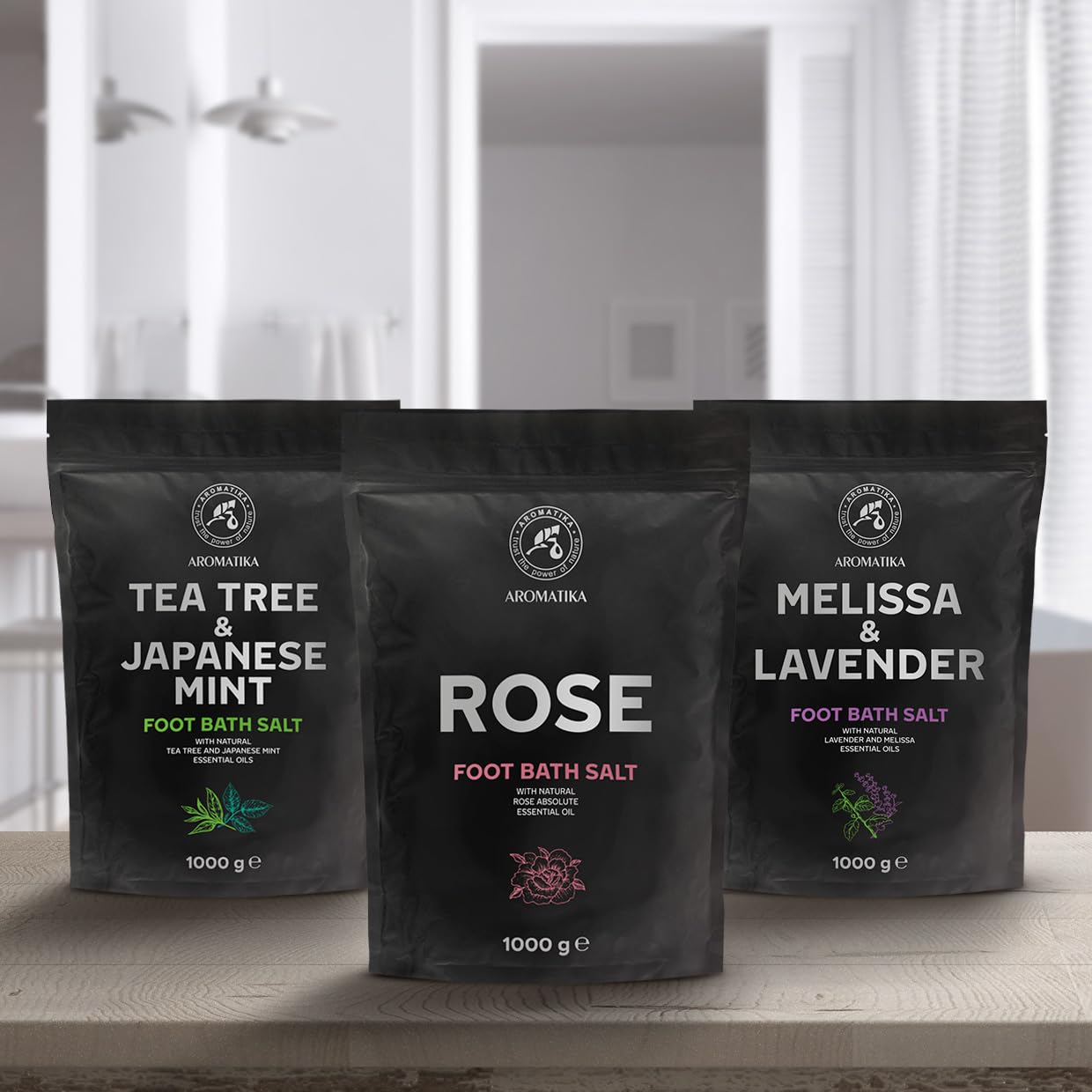 Set Sale per Pediluvio Lavanda e Melissa - Menta Piperita e Tè - Rosa 3x1000g - Pediluvio al Sale Marino Naturale - Pediluvio - Unghie - Pedicure - Sali Profumati da Bagno