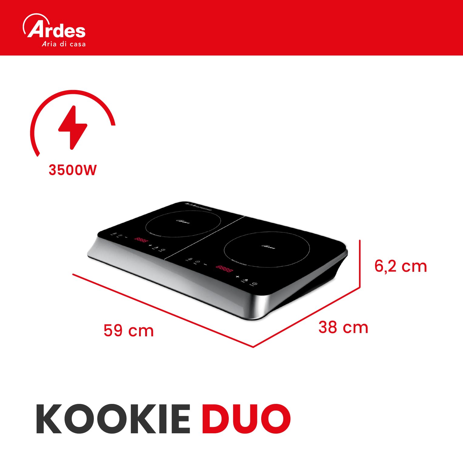 Ardes KOOKIE DUO Fornello Elettrico 2000 W + 1500 W con 2 Piastre a Induzione, Display Digitale e Temperatura Regolabile fino a 240°C, Colore Nero