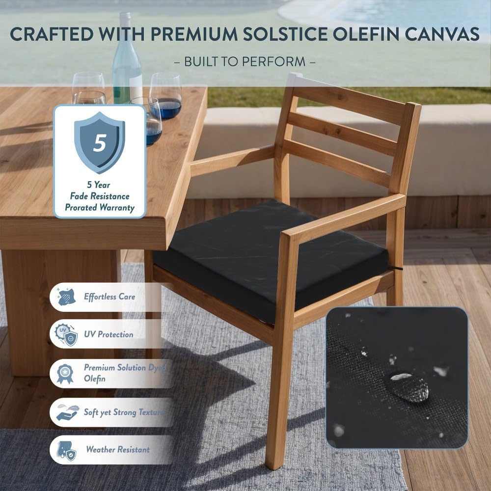 California Umbrella Outdoor Replacement Patio Chair Pad Set of 2, 18 x 18 Inch, Premium Outdoor Memory Foam, Fade Resistant, Solstice Olefin Fabric, Fabric Ties, Black