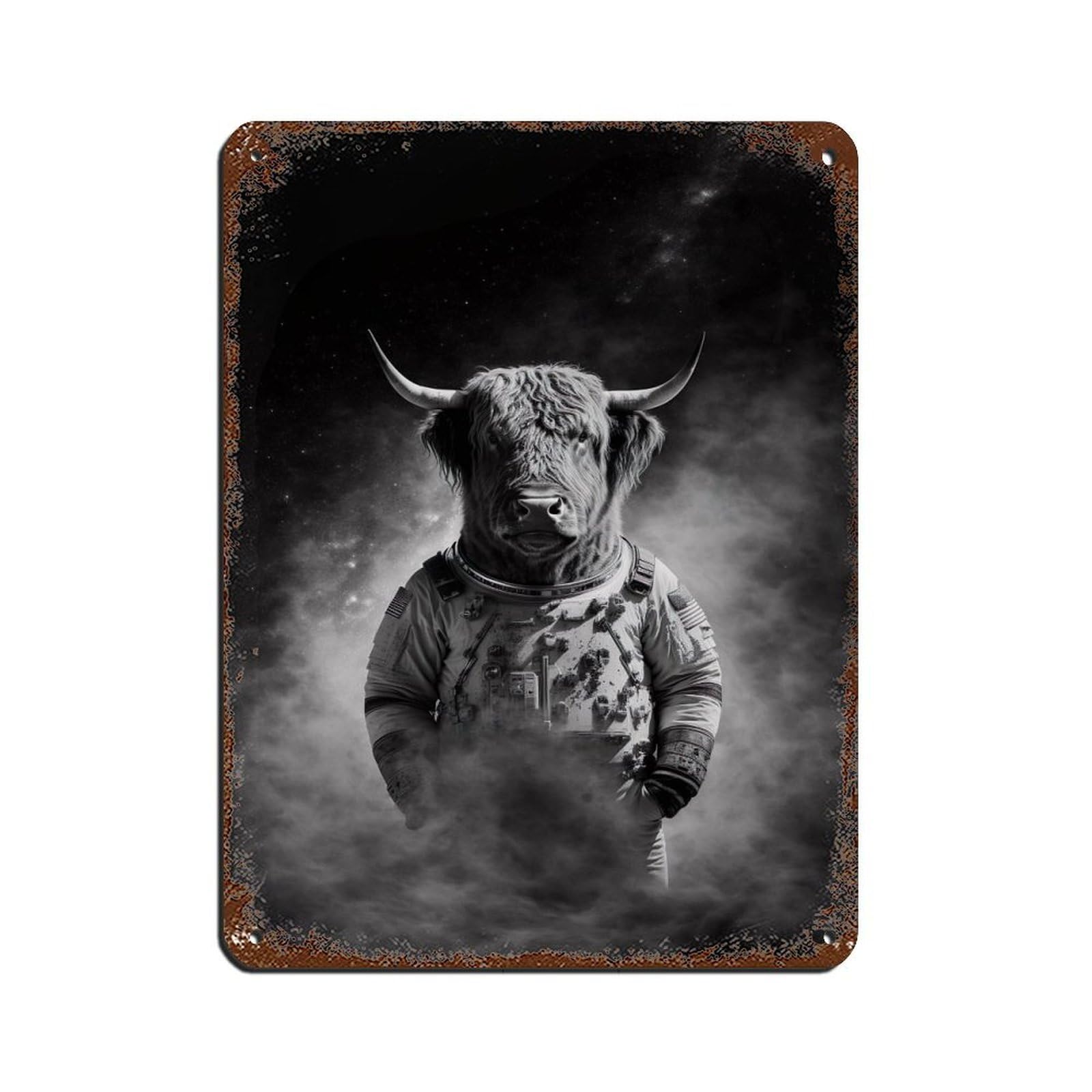 Highland Cow in A Spacesuit, Animal in Space Tin Sign Vintage Metal Pub Club Cafe Bar Home Wall Art Decoration Poster Retro 12x16inch(30x40cm)