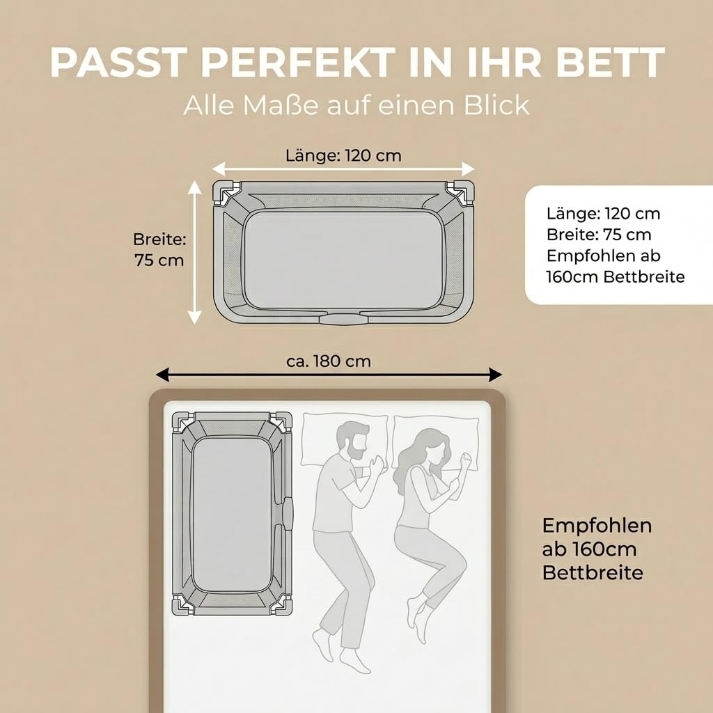 BabybeFun Beistellbett Baby [Stillen im eigenen Elternbett] Babybett für Boxspringbett und normales Bett mit Überrollschutz [Extra Sicher] Rausfallschutz Bett | Kinderbett Alternative