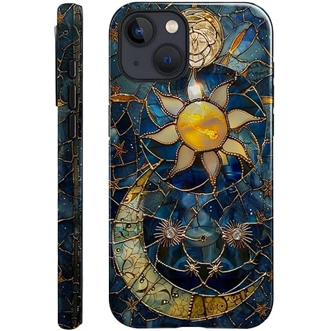Generic Case Compatible with iPhone 14 - Glossy Hybrid Durable Shockproof Phone Cover,Cases for Woman Girl - Moon Stars Celestial Glass