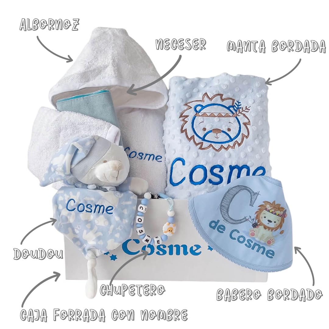 Canastilla Personalizada para Recien Nacido - Cesta regalo albornoz Dou dou y Babero y Albornoz - Regalos Bebé (Azul)