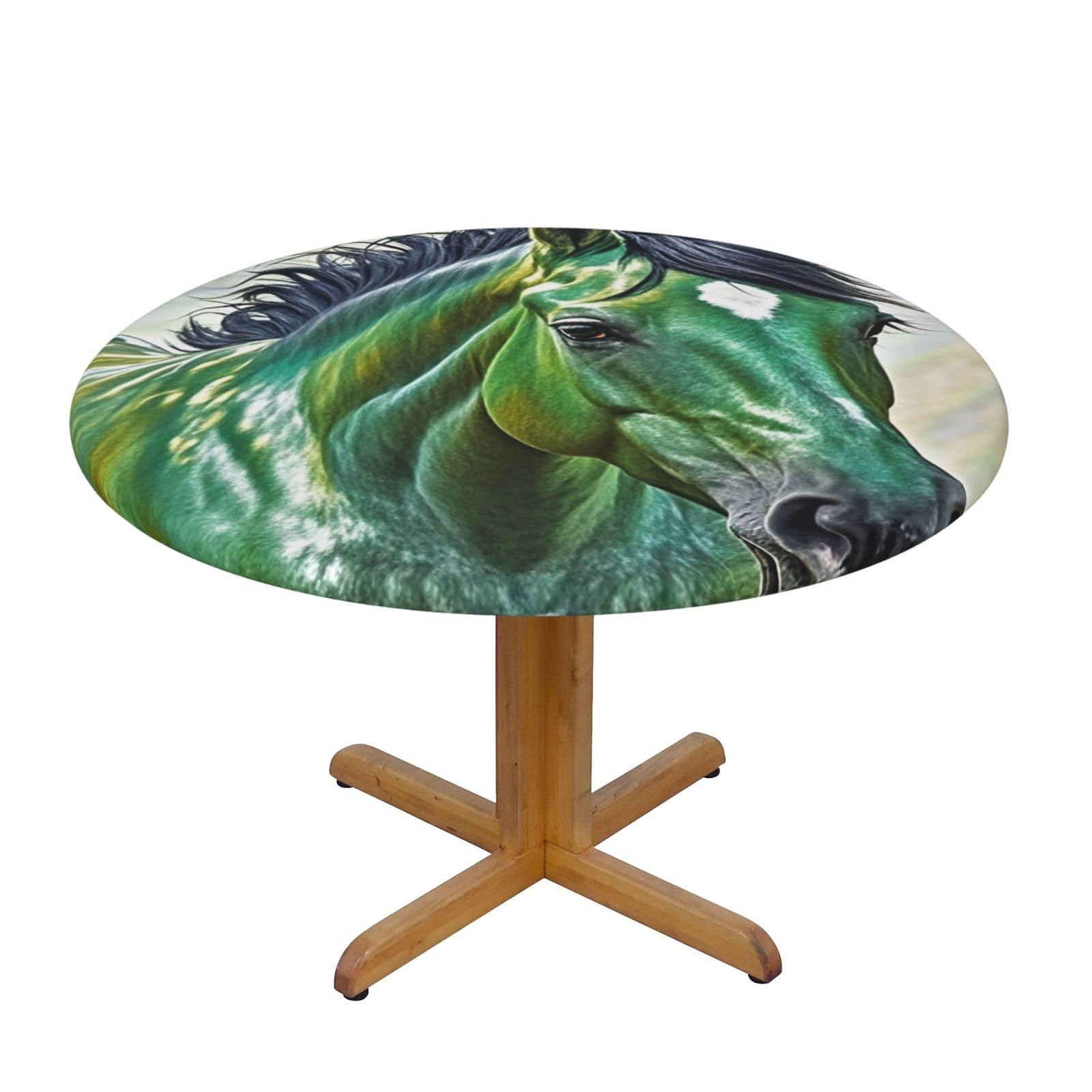 BTCOWZRV Green Horse Round Spandex Tablecloth 47 Inch, Elastic Fitted Waterproof Tablecloths Stretch Washable Picnic Table Cover for Camping, Dining, Indoor and Outdoor